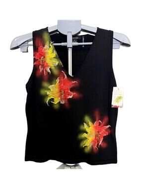 DOLCE CABO SLEEVELESS SWEATER PETITE L BLACK RED YELLOW 3DFLORAL ART TO WEAR NWT